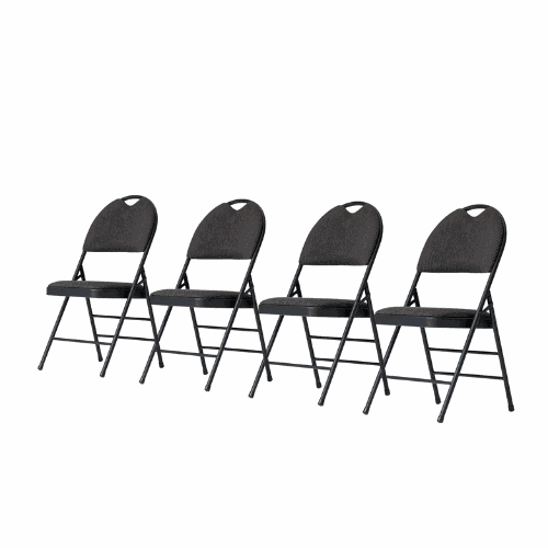 Set of four black padded fabric folding chairs, ideal for events and gatherings.