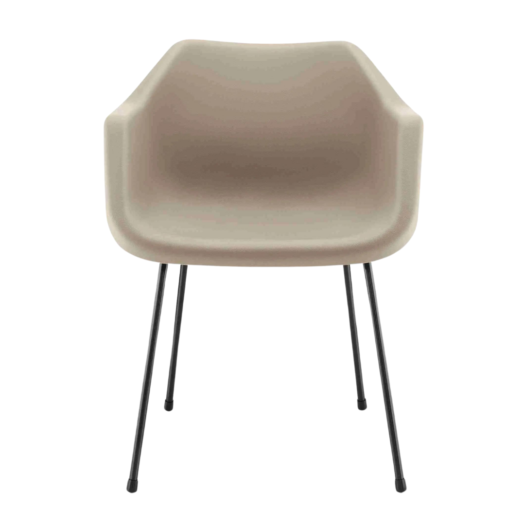 Hille Polyside Armchair with integrated arms and rolled edge in beige, seat width 600mm, height 770mm, depth 535mm.