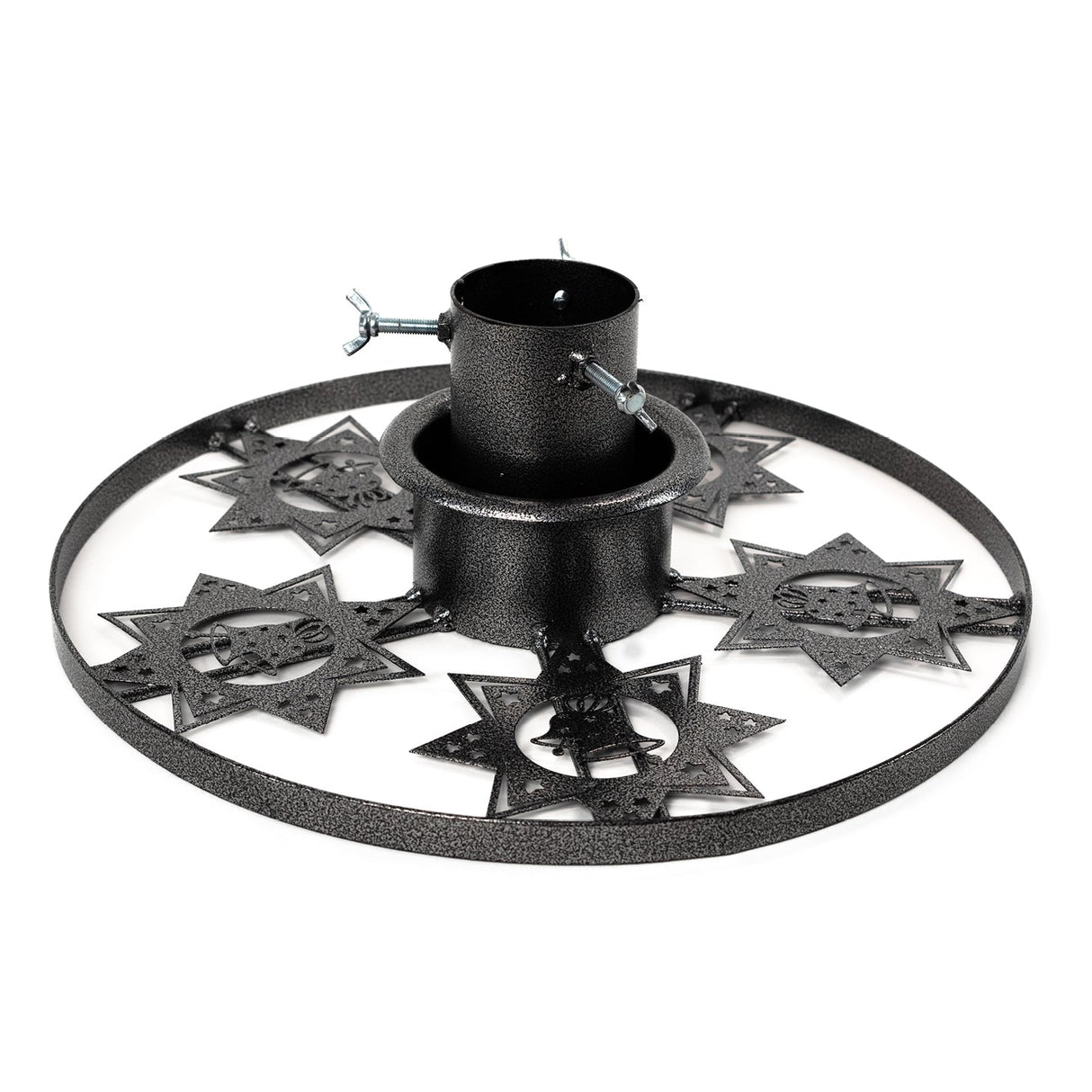 Decorative star Christmas tree stand in grey, made from durable steel with a stylish star pattern, ideal for medium to large trees.