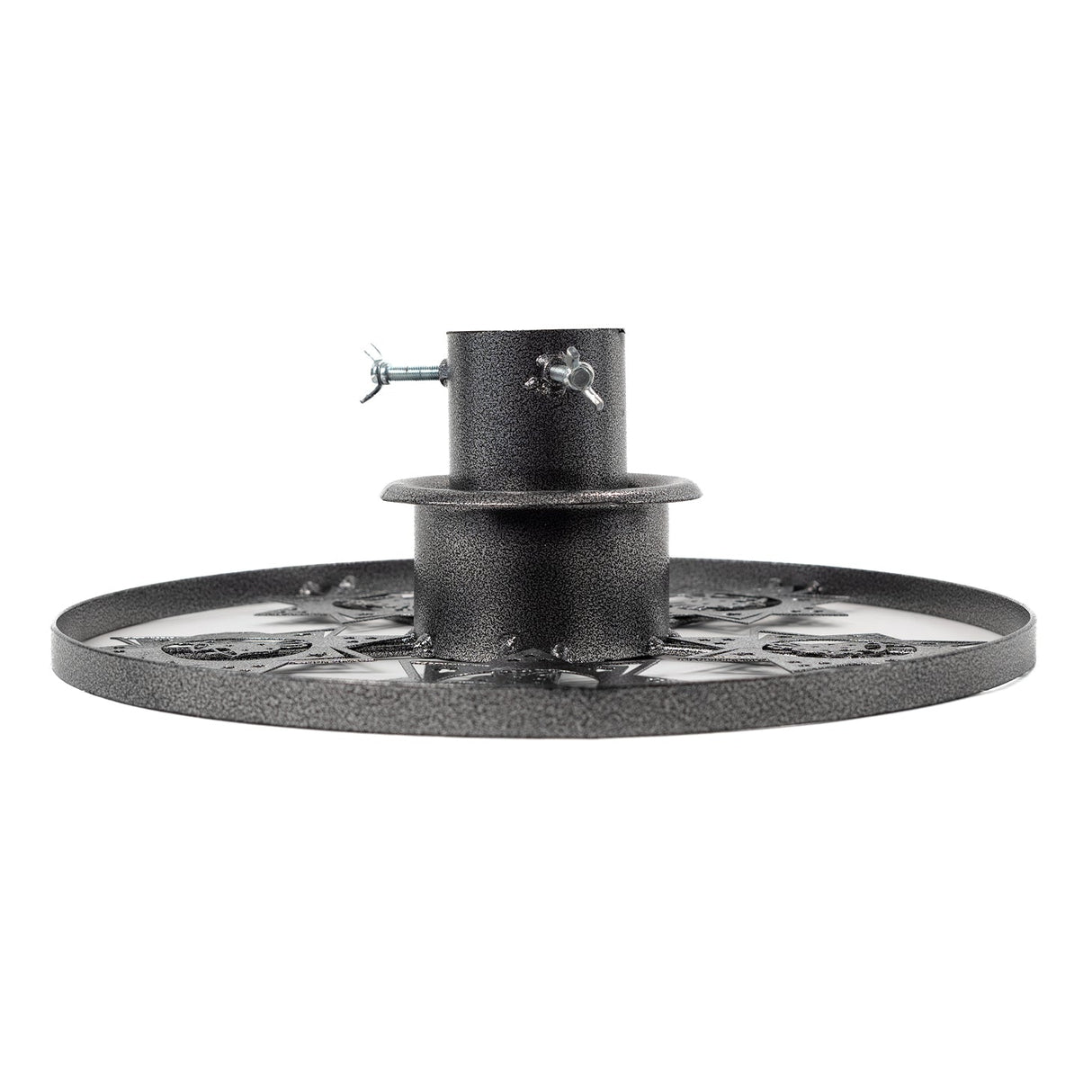 Decorative grey star Christmas tree stand made from durable steel with water reservoir.