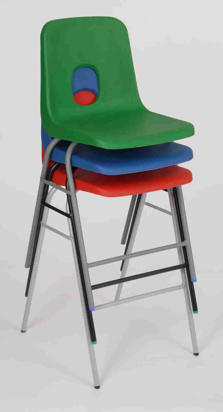Colorful Series E Stools stacked, featuring durable steel frames and strengthening bars for stability.