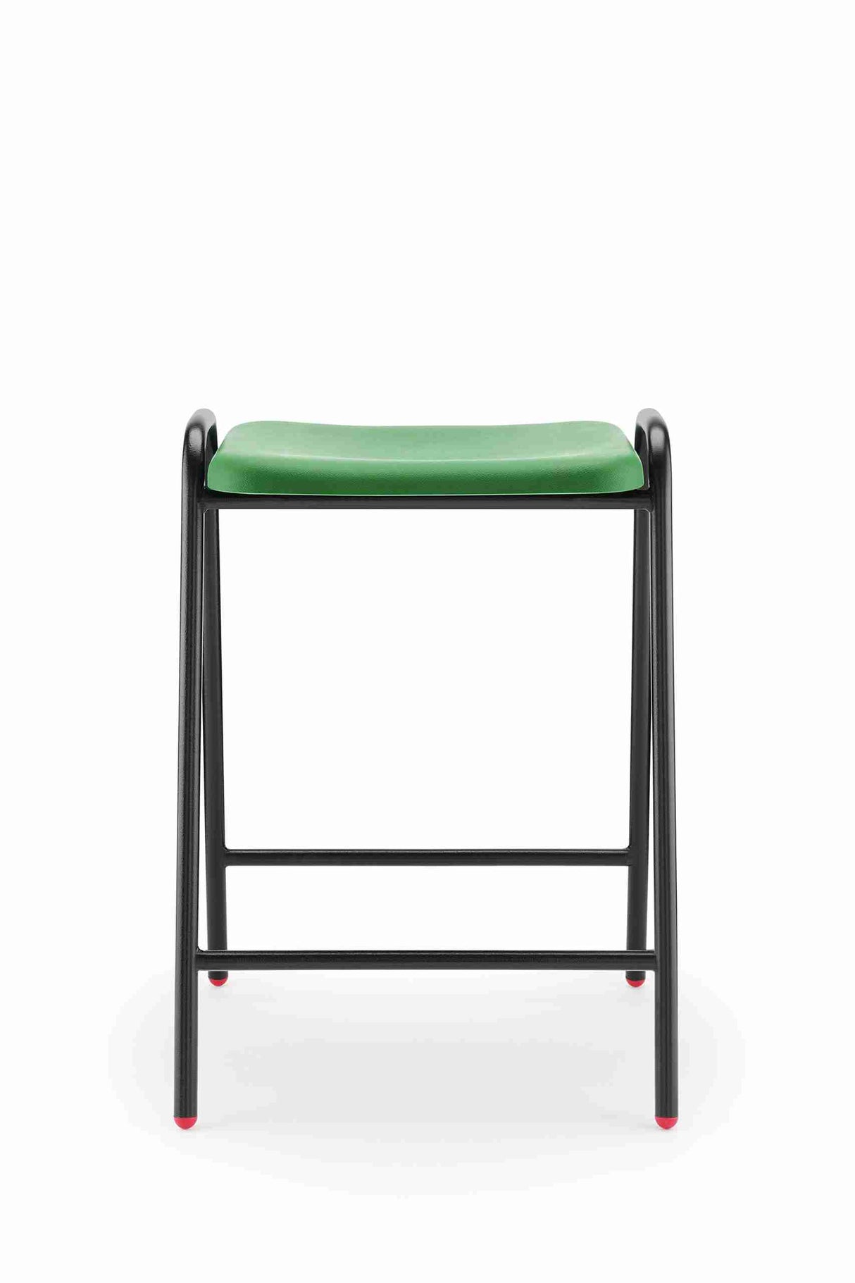 Hille Polypropylene Flat Top stool with durable steel frame and green seat suitable for labs and testing environments.