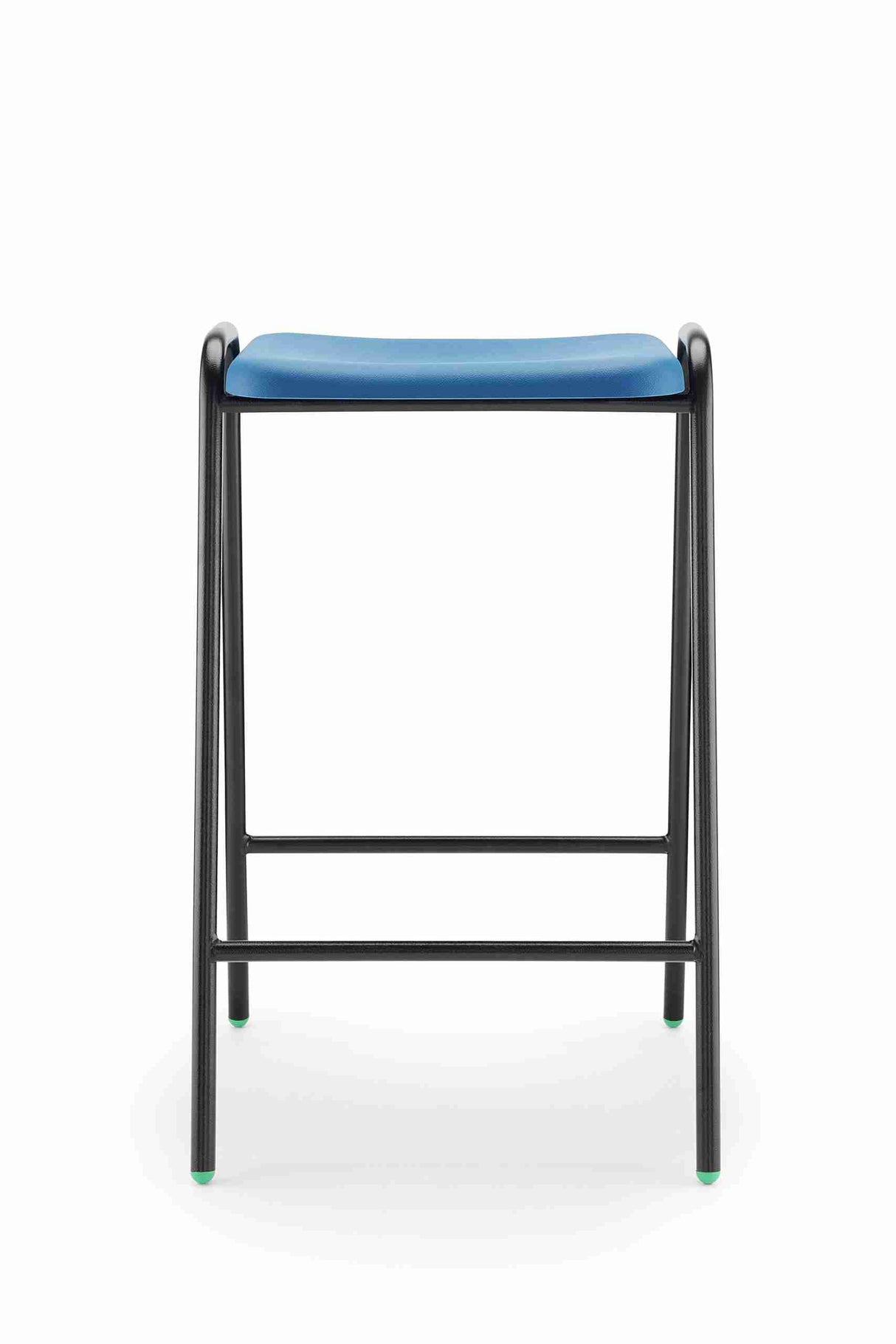 Hille Polypropylene stool with blue flat top and durable steel frame.