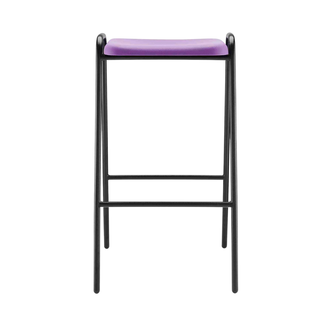 Hille Polypropylene Flat Top stool with durable steel frame and purple seat.