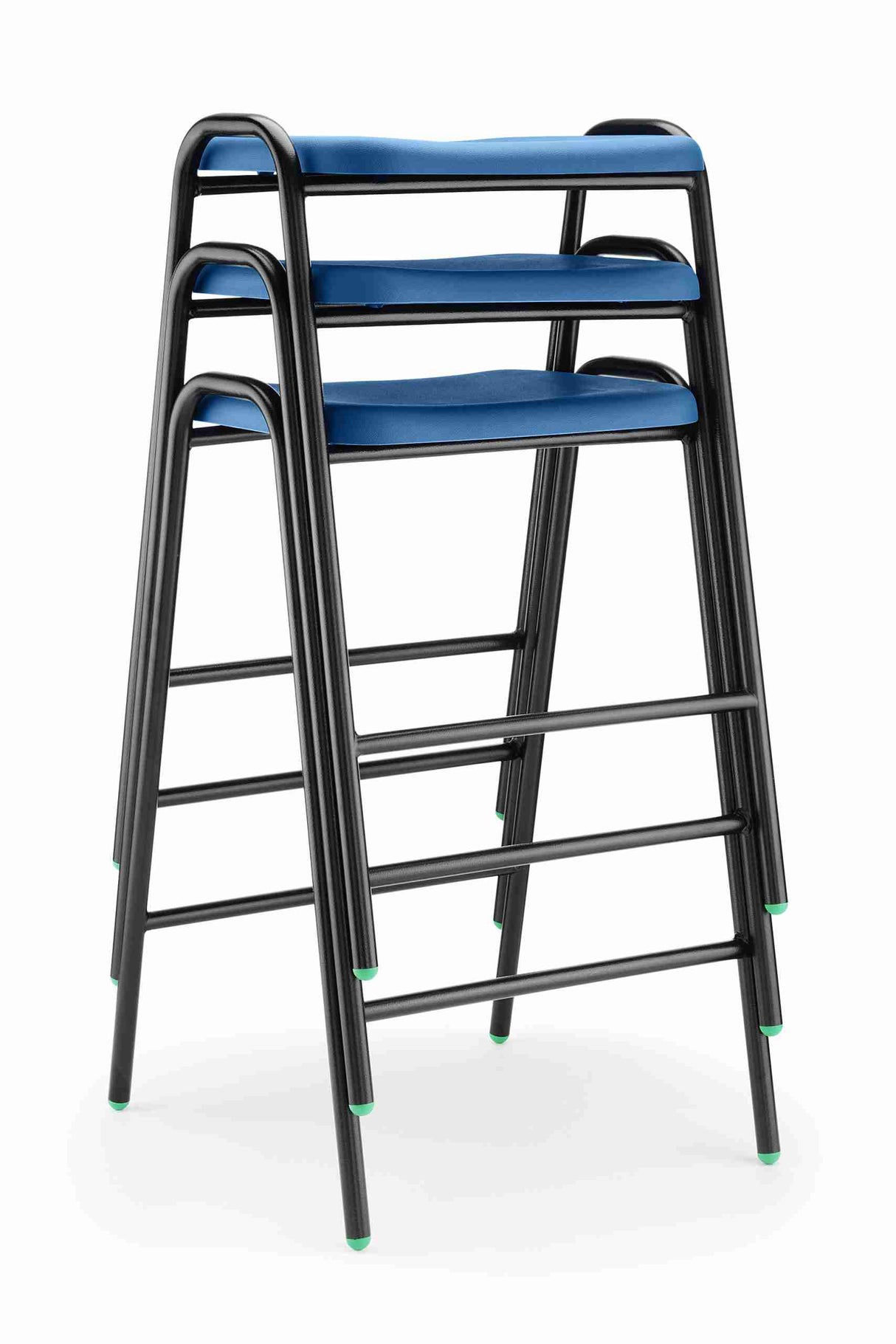 Stacked Hille Polypropylene Flat Top stools with durable steel frames and blue shells.