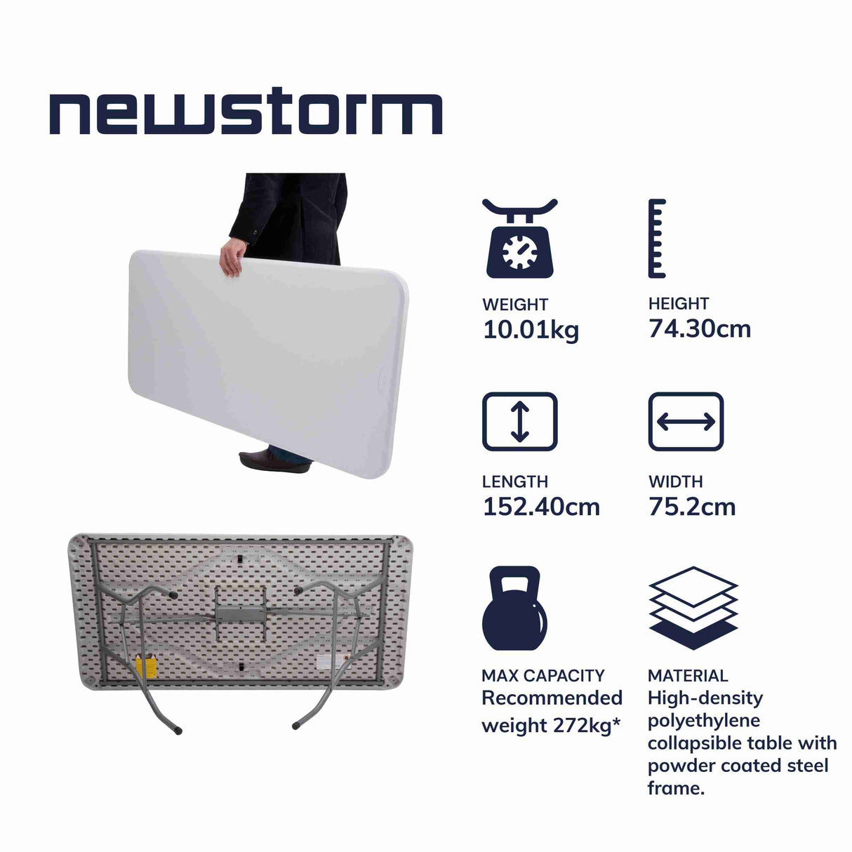 Newstorm 5ft solid rectangle polypropylene folding table with weight and material details.
