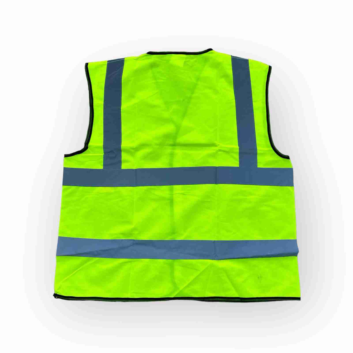 High visibility reflective safety vest in bright yellow with dark reflective stripes.