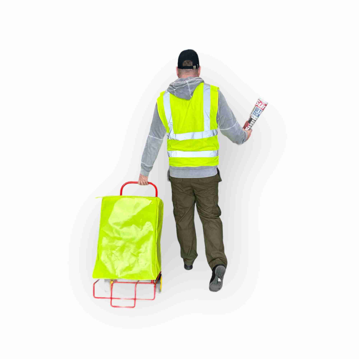 Bundle offer featuring a red follow-on trolley with hi-vis vest and trolley bag.