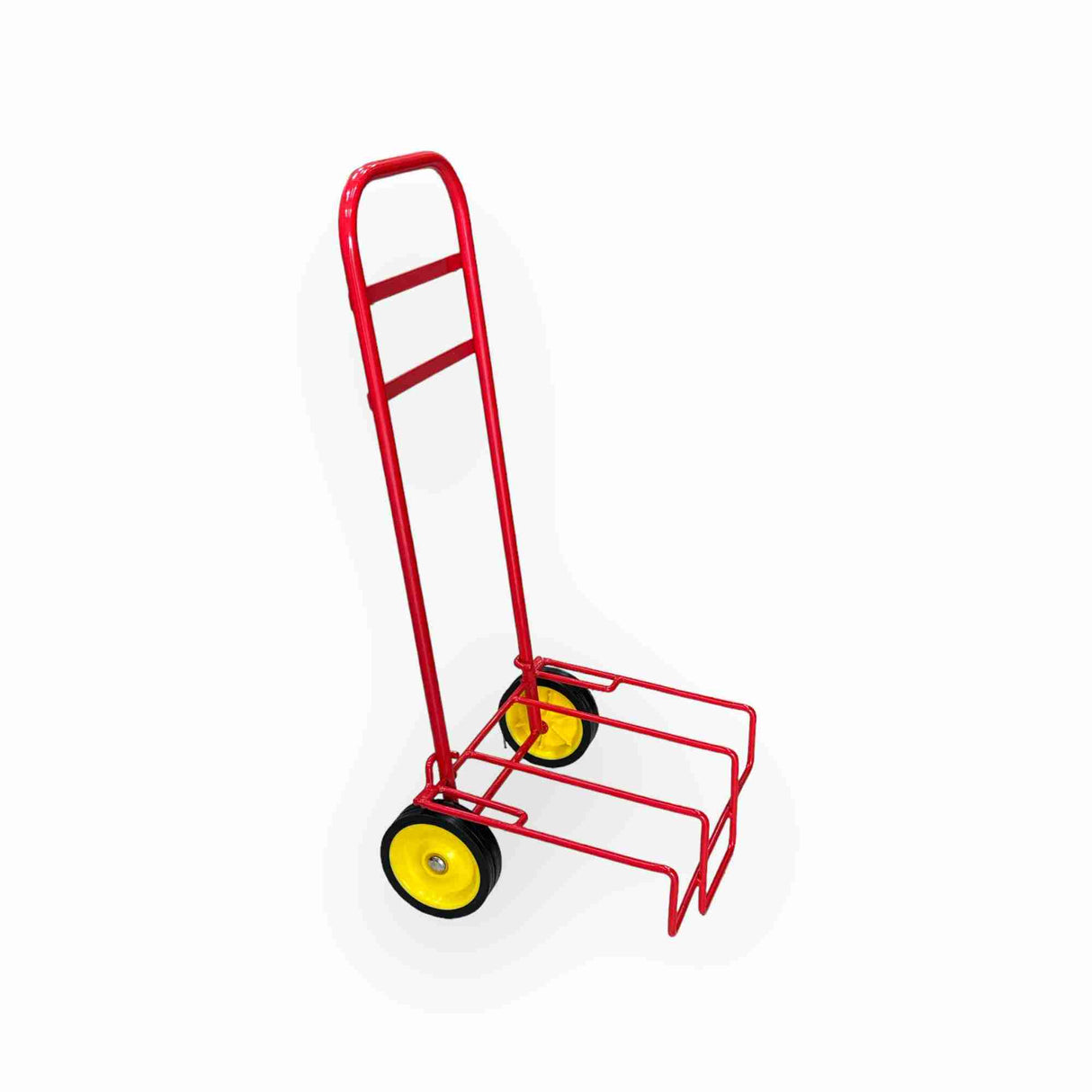 Red Follow On Trolley with steel frame and yellow wheels, compact and stylish for transporting goods.
