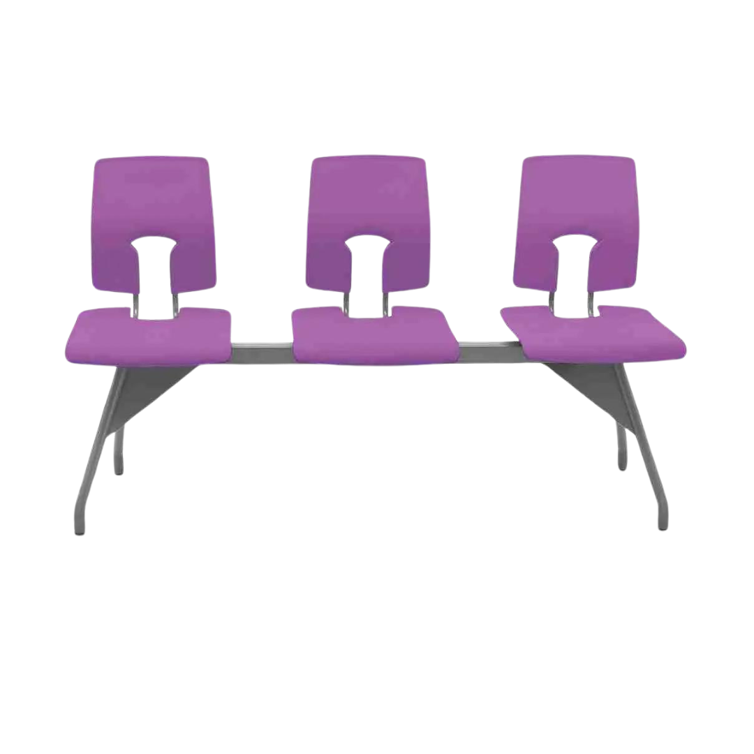 Three-seat SE Beam Classic seating system with purple seats and gray frame, suitable for public spaces.