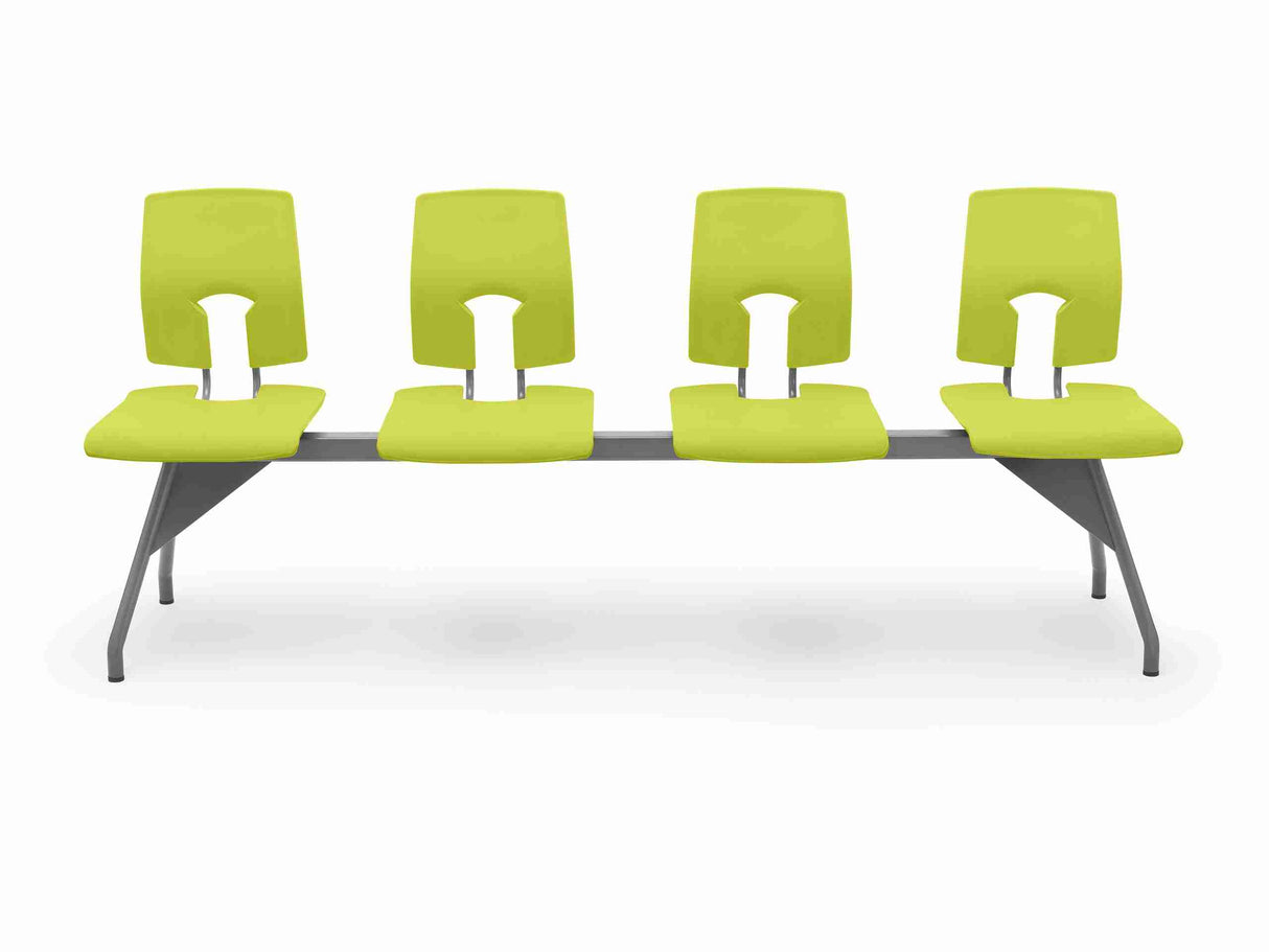 SE Beam Classic four-seat system in lime green, providing excellent postural support for public spaces.