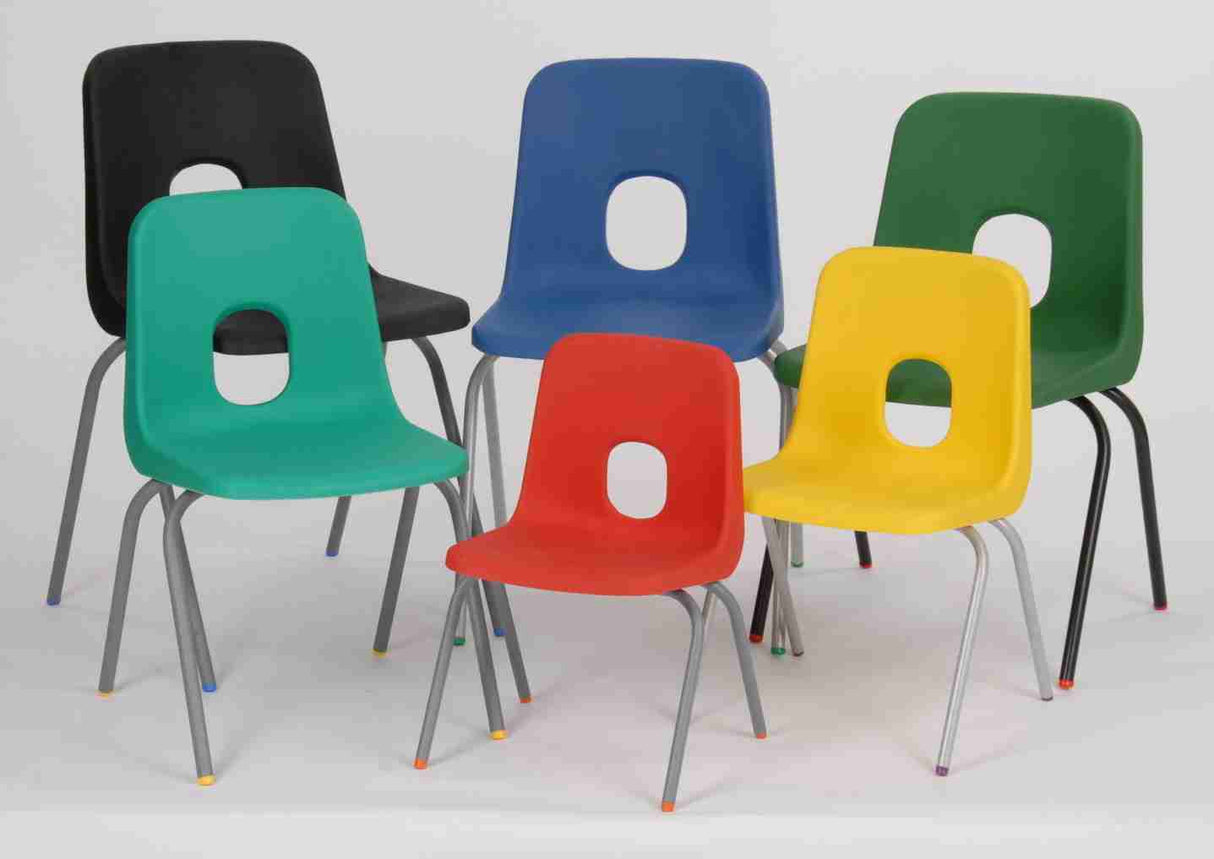 Colorful Series E Classroom Stacking Chairs with polypropylene shell and durable steel frame.