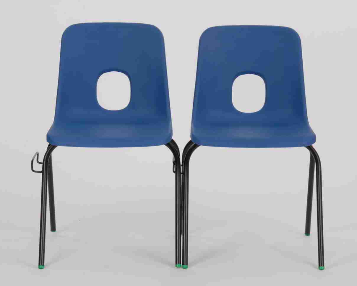 Series E Classroom Stacking Chair with blue polypropylene shell and durable steel frame.