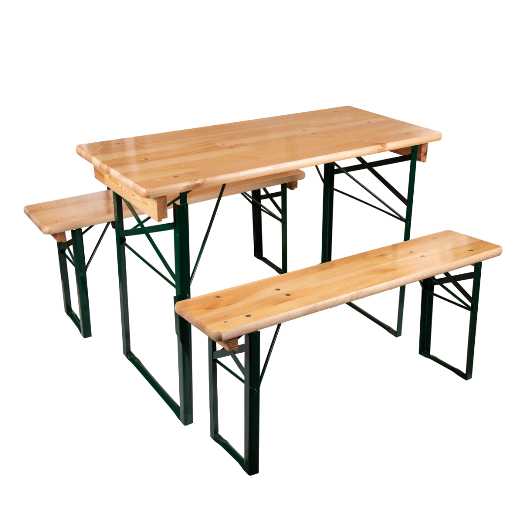 4ft Trestle Festival Table Set with benches, featuring sustainable pine and folding, powder-coated legs.