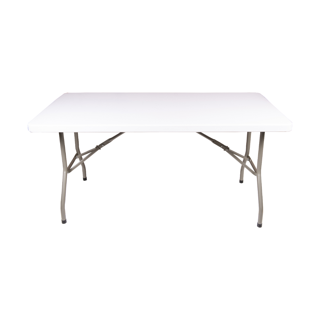 5ft solid polypropylene table with folding legs, durable and lightweight design for events.