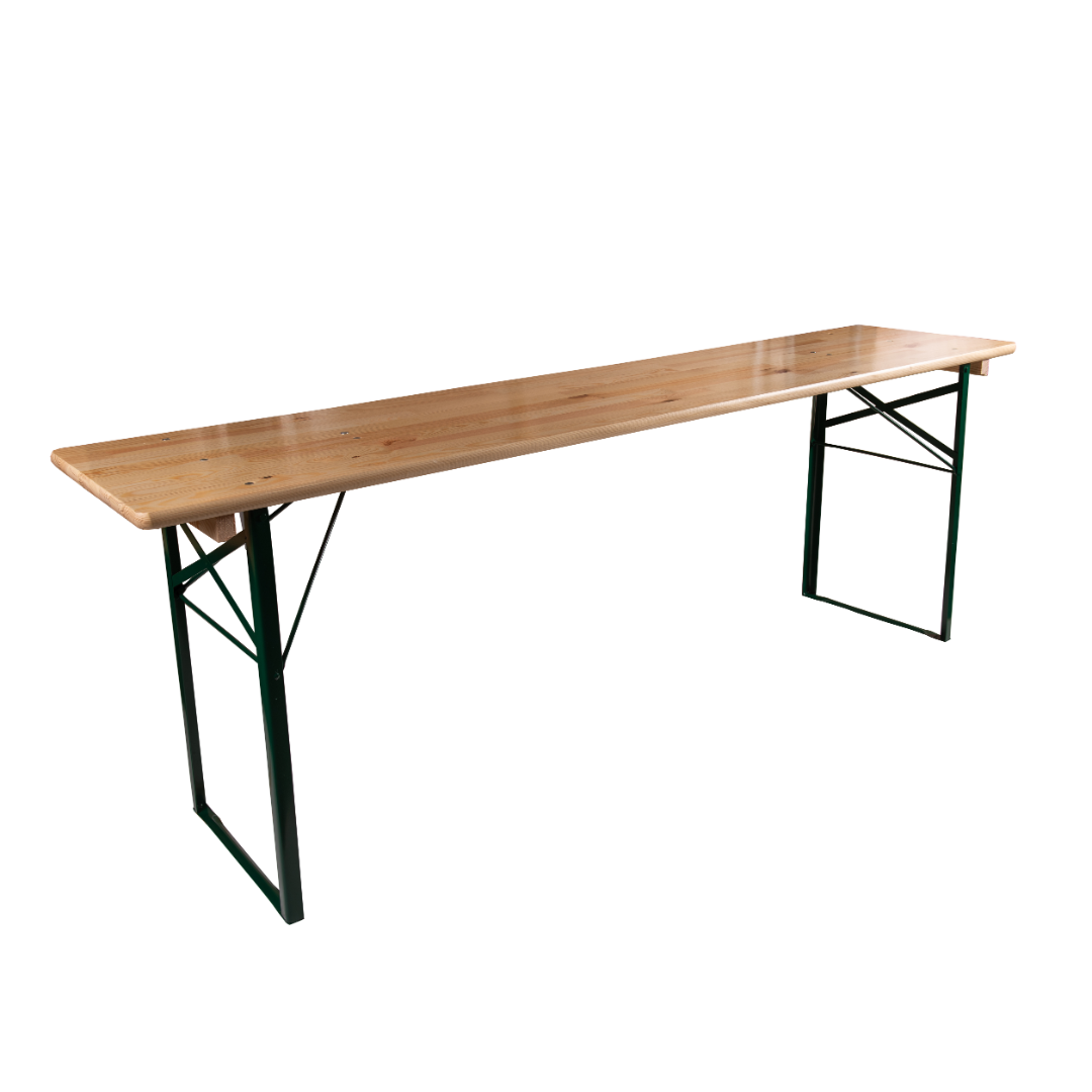 6ft Trestle Table with steel folding legs and sustainable pine wood tabletop.