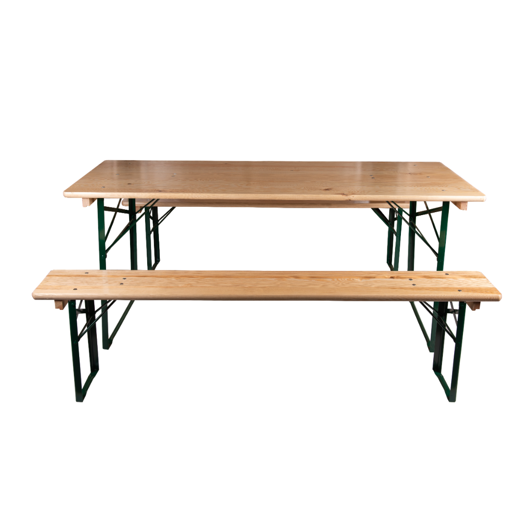 BULK 10 PACK - 6ft wide festival table and bench set with sturdy steel folding legs and varnished pine tops. Ideal for events.