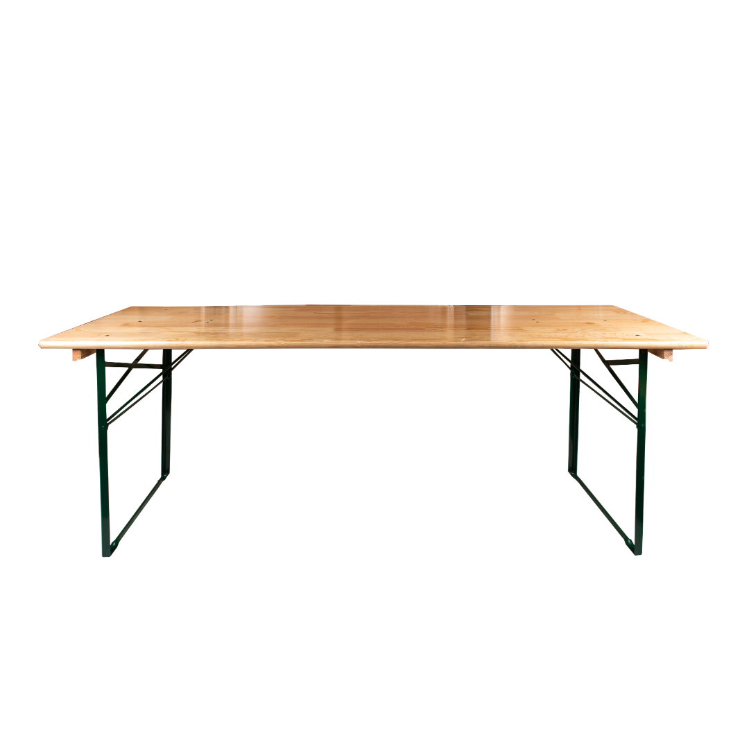 6ft wide trestle table with folding steel legs and pine wood top.