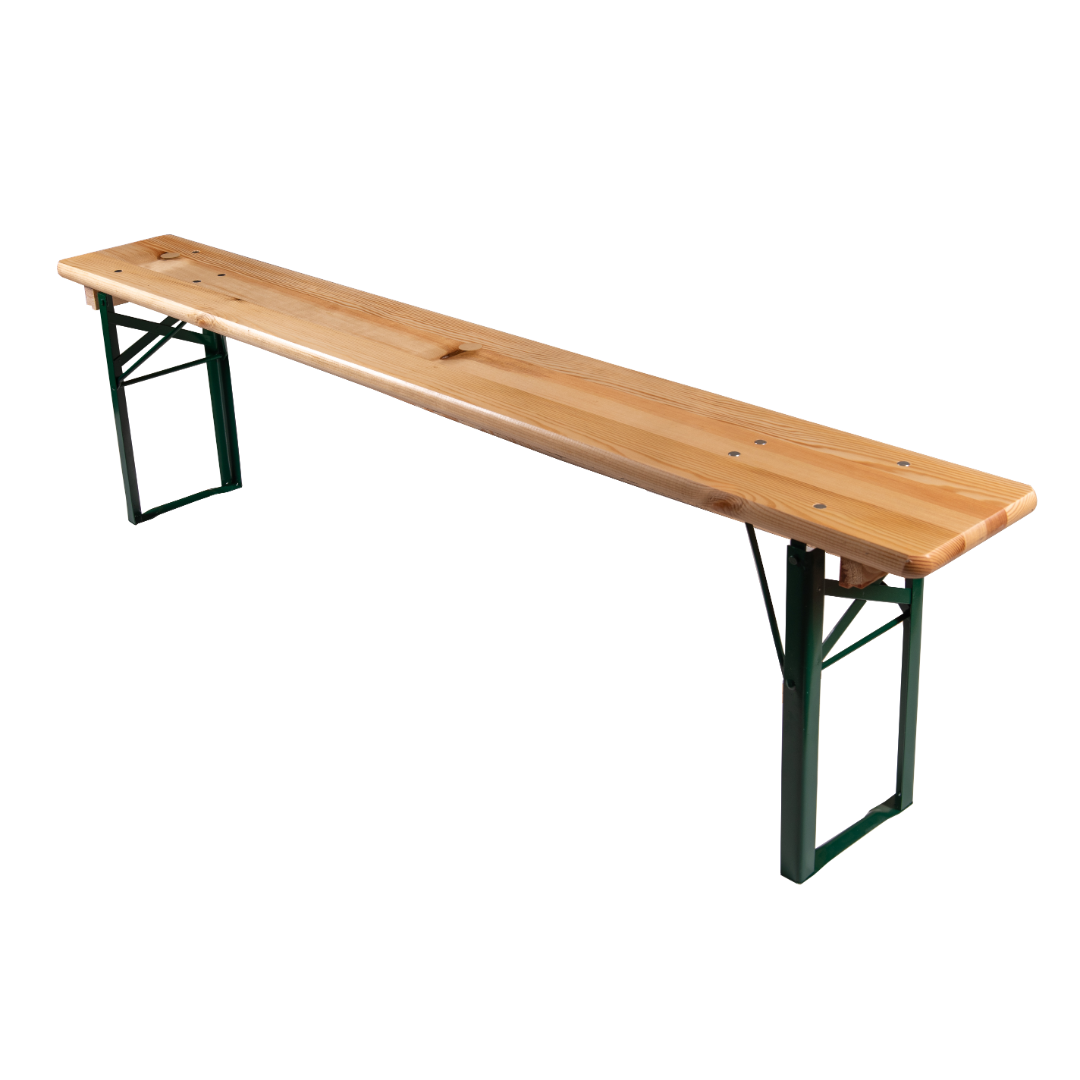 6ft folding festival bench with steel legs and varnished pine wood surface, suitable for indoor and outdoor use.