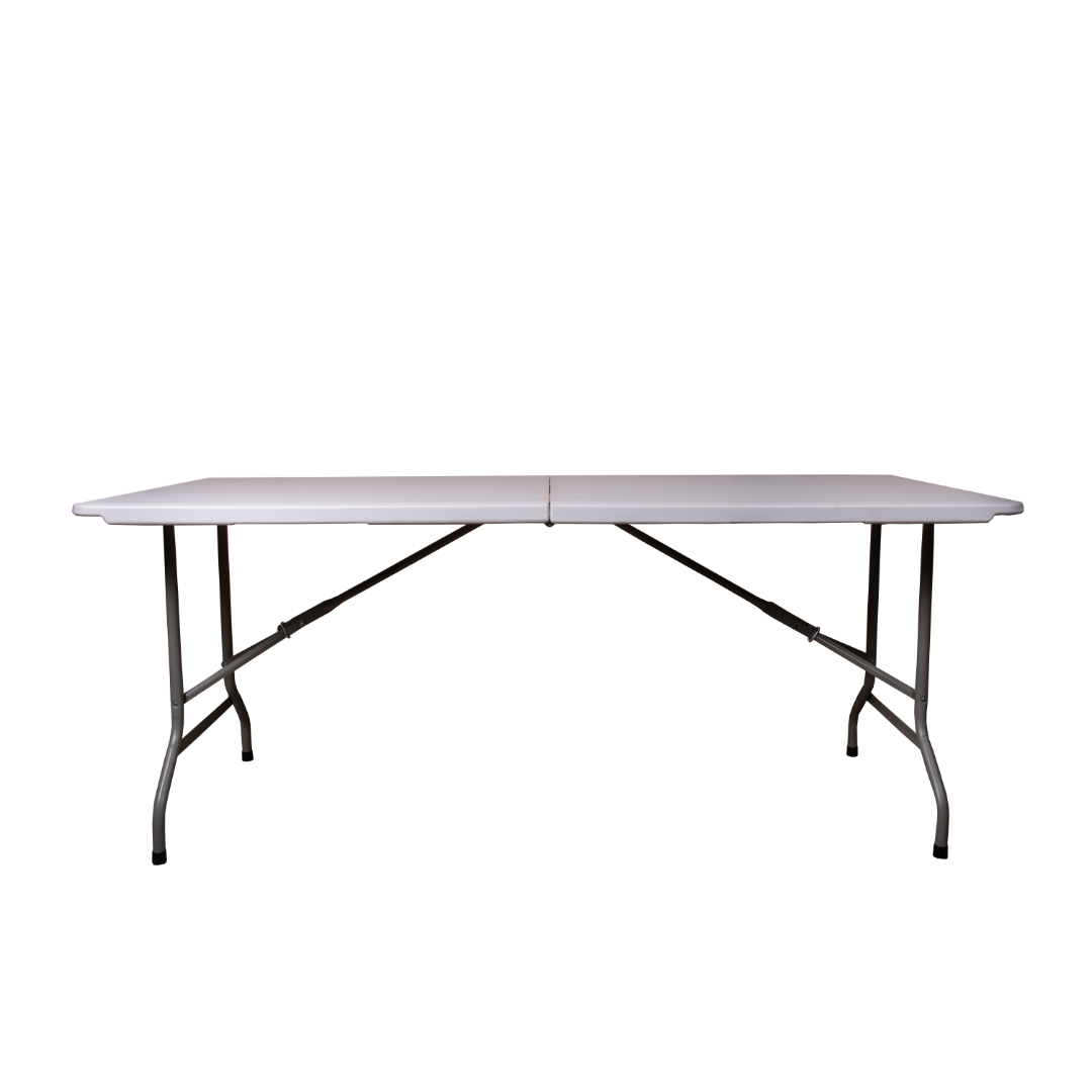 6ft 'Fold in Half' table with folding legs and durable polypropylene surface.