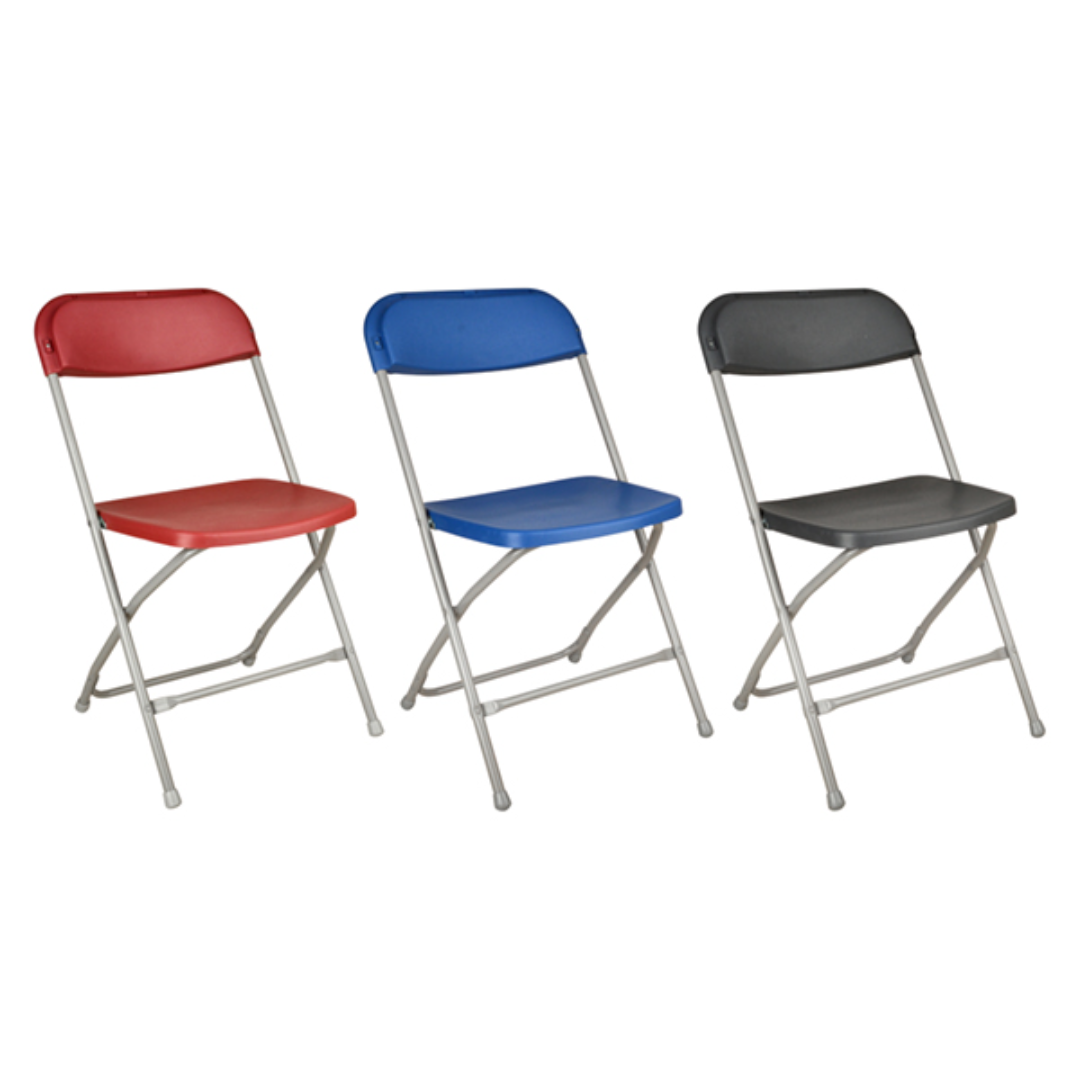 Plastic stackable folding chairs in red, blue, and charcoal colors, durable and space-saving.