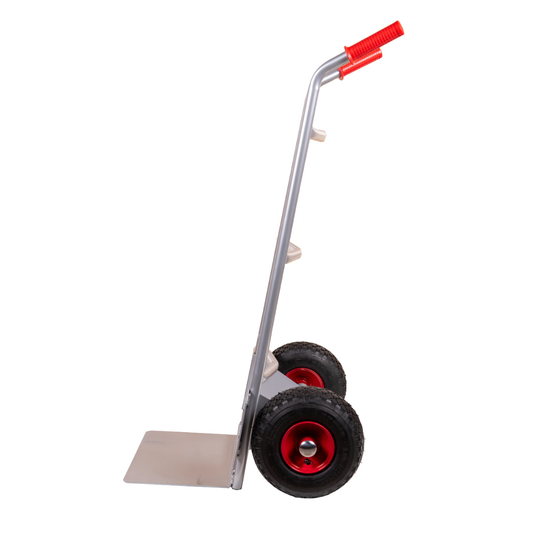 Pneumatic Tyre Heavy Duty Sack Truck with red grips and steel toe plate.