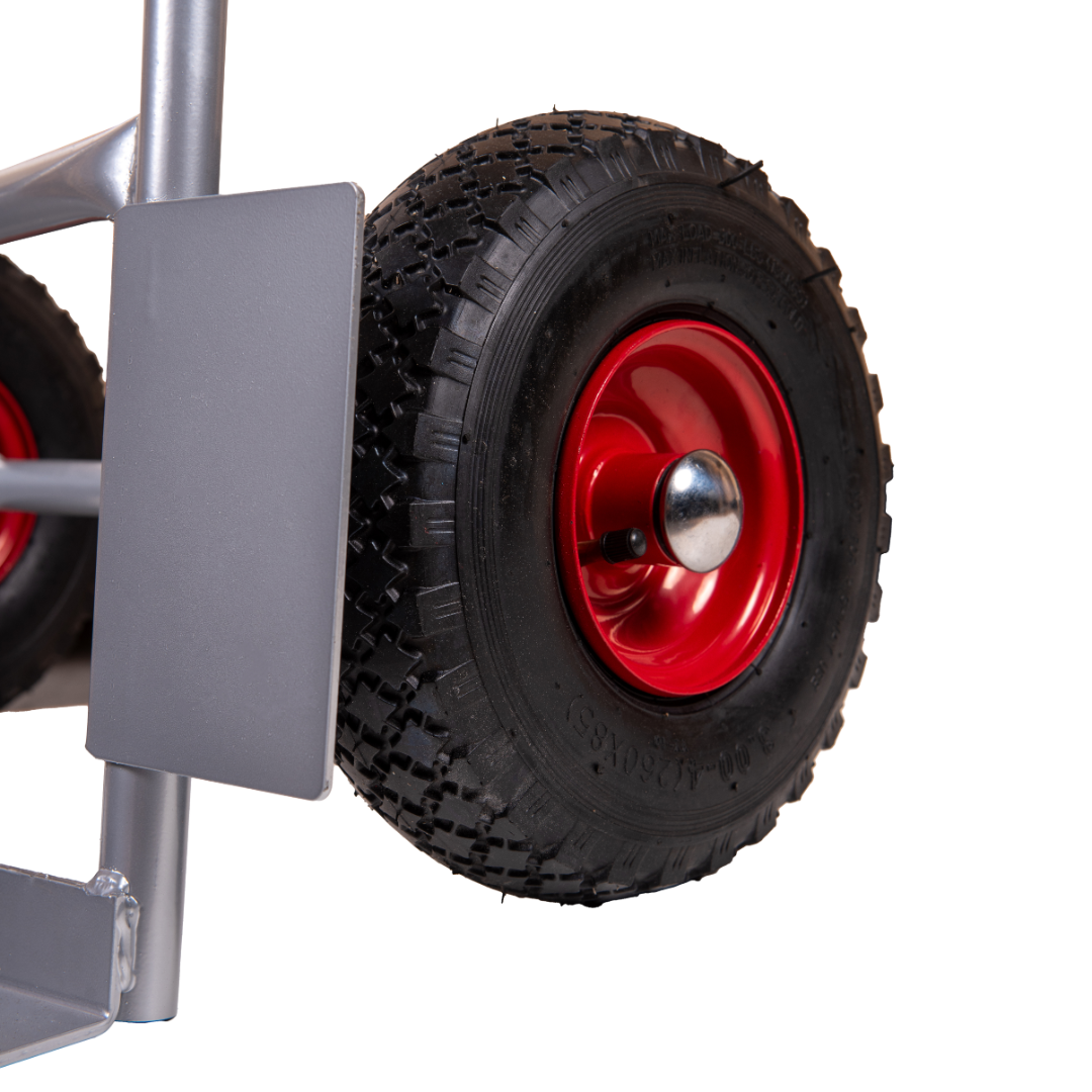 Pneumatic Tyre Heavy Duty Sack Truck with red wheels and steel toe plate.