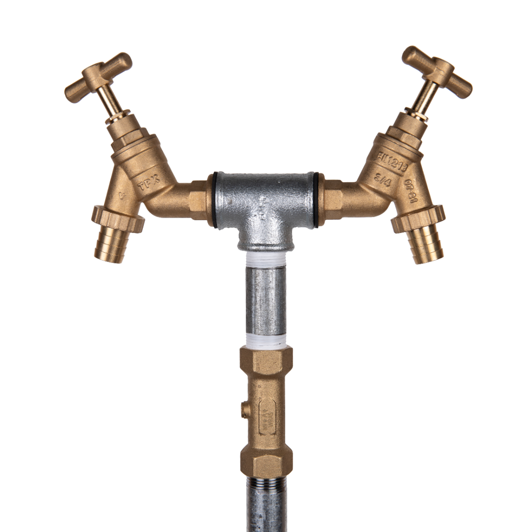 Twin Headed Contractors Hydrant Standpipe with brass taps and galvanized steel tube.