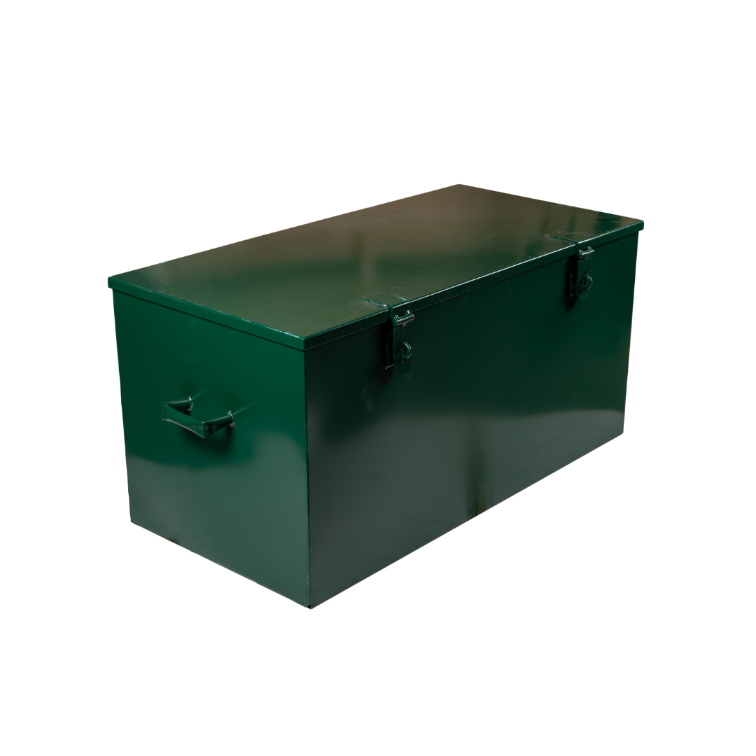 Durable green steel site tool box with secure locks and handles.