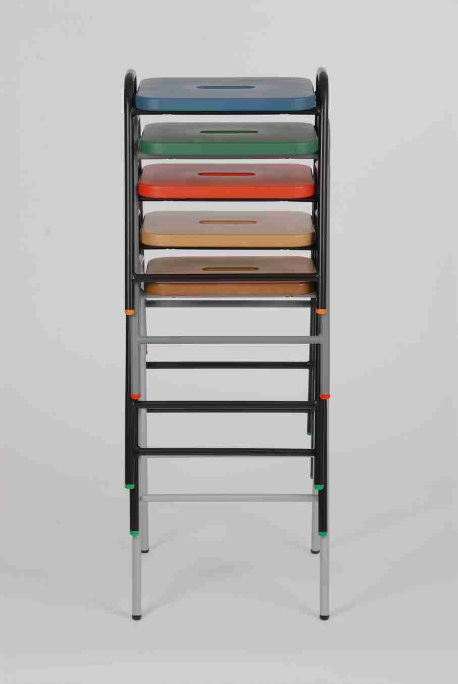 Stacked Hille Beech & MDF flat top stools with colorful options.