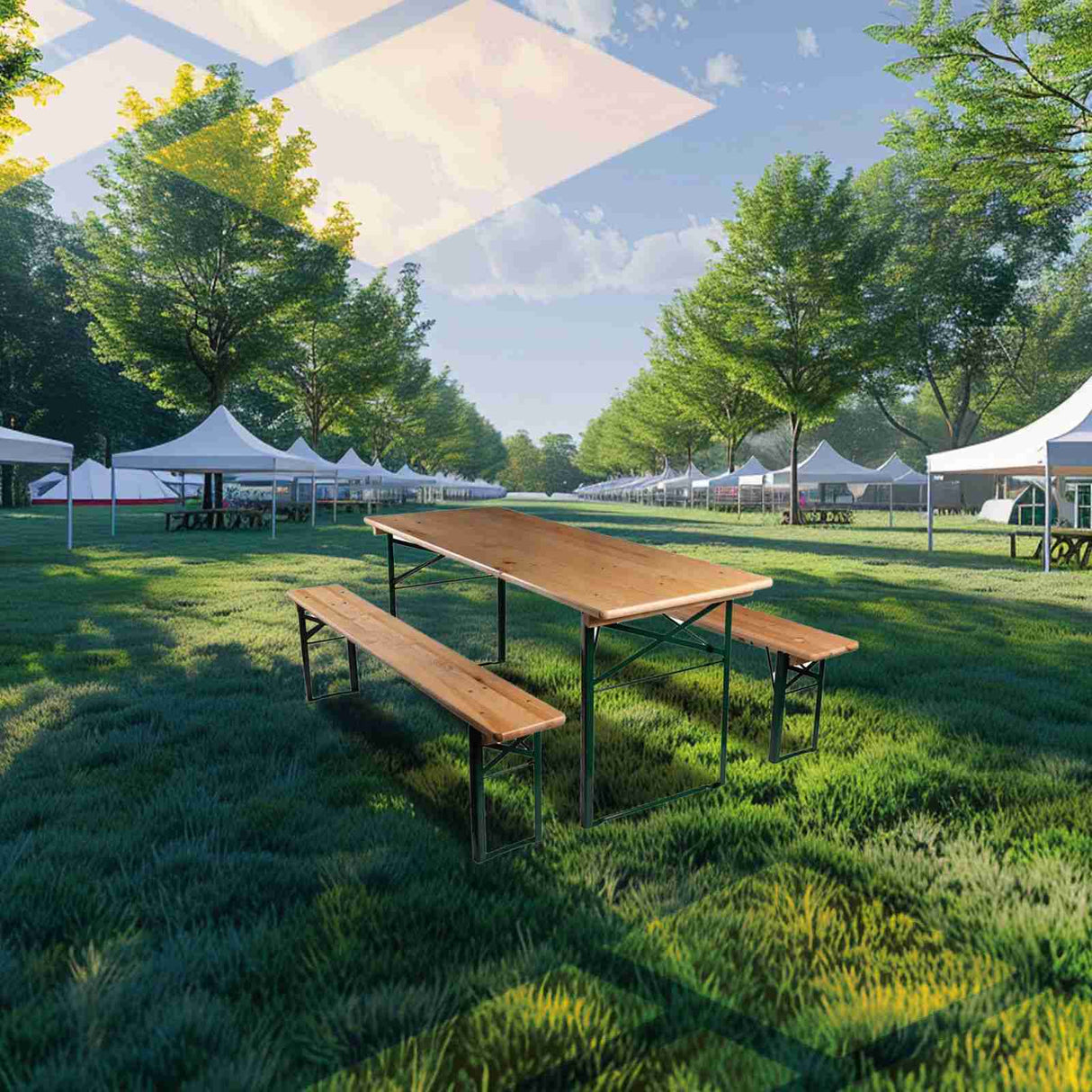 6ft Festival Bench with folding legs set up outdoors at an event.