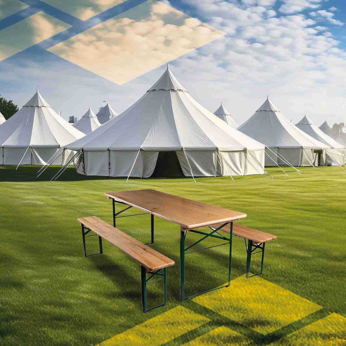 6ft Folding Festival Bench in outdoor festival setting with tents in background.