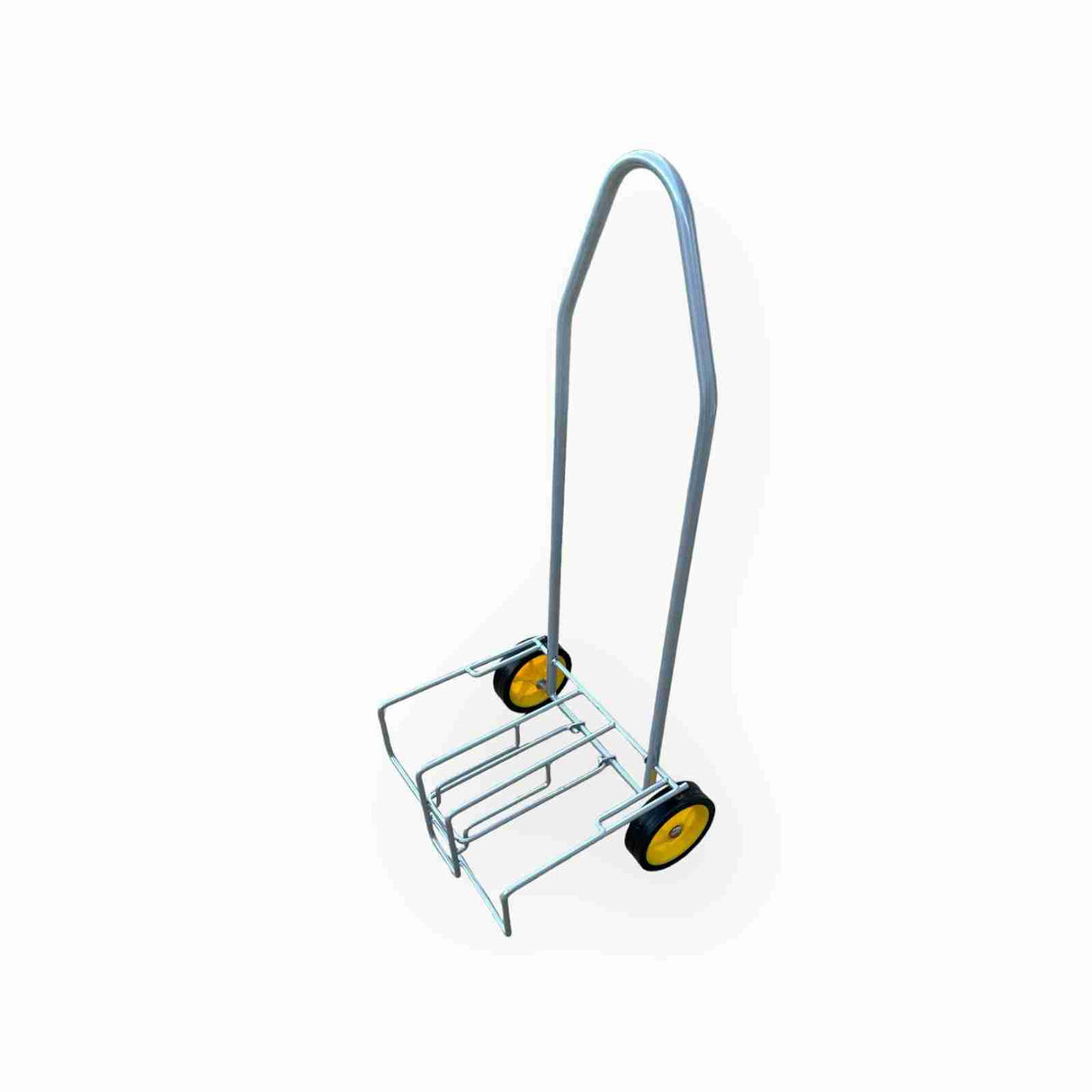 Silver frame Follow On Trolley with solid wheels and collapsible design for easy storage and transport.