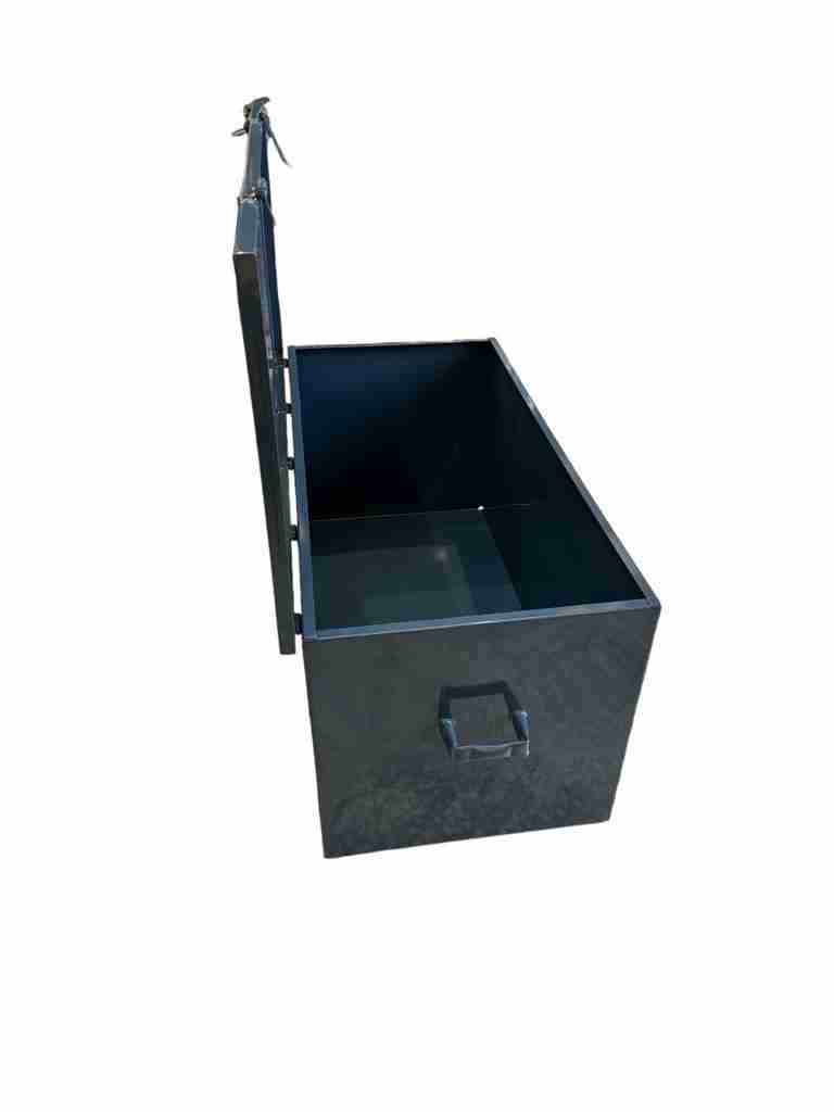 Gun Metal Blue Site Tool Box made of rolled steel with carrying handles.