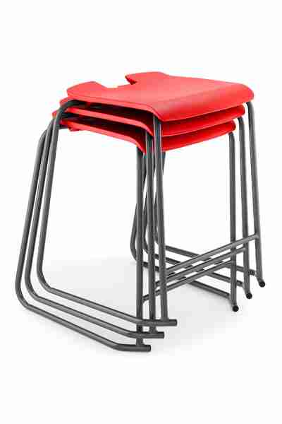 Stacked red Hille SE Backless Stools with steel frames and strengthening bar for durability.