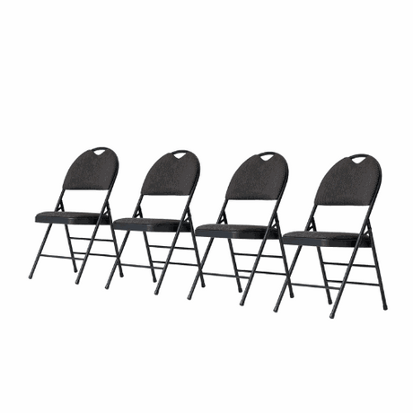 Set of four black padded fabric folding chairs, ideal for events and gatherings.