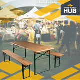 6ft Festival Bench, bulk pack, folding, pine wood, steel legs, indoor/outdoor use.