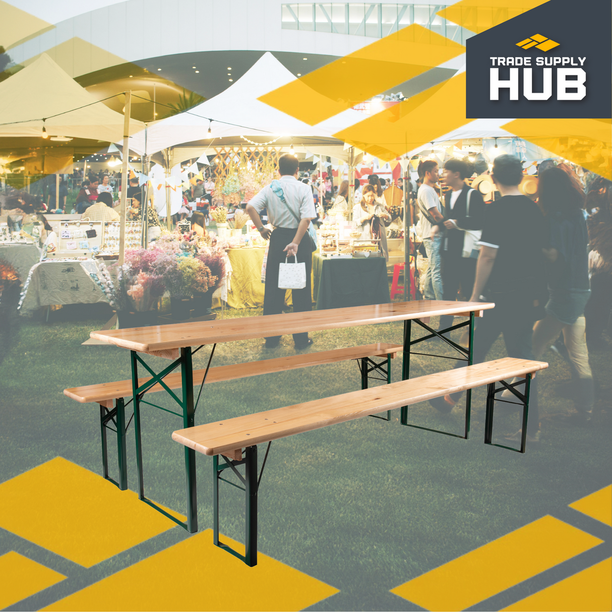 6ft folding festival bench with durable steel legs and treated pine wood, suitable for indoor and outdoor use.