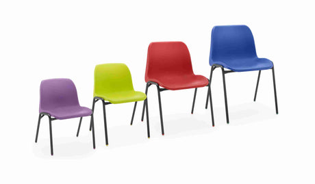 Affinity chair range in various colors and sizes with durable steel frames and polypropylene shells.