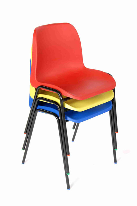 Stacked colorful Affinity chairs with durable steel frames and polypropylene shells.