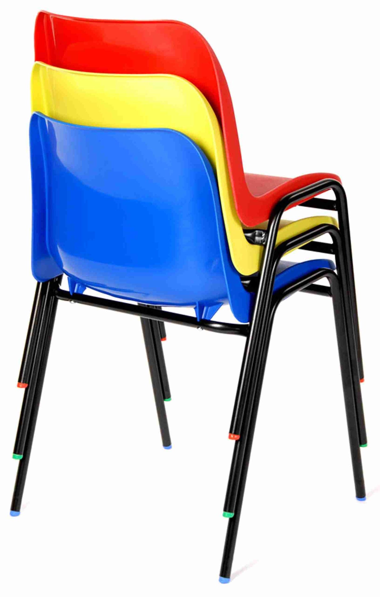 Stacked colorful Affinity chairs with durable steel frames and polypropylene shells.