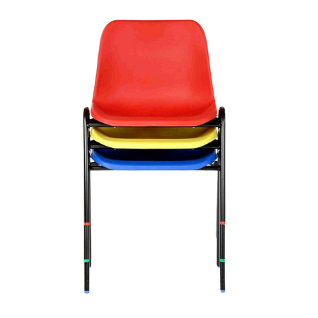 Colorful stackable Affinity chairs with durable steel frame and polypropylene shell.