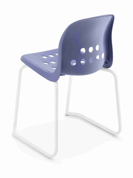 Apero skidbase Chair with purple seat and white skid frame, stackable design.