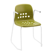 Apero skidbase chair with arms, green seat, white frame, stackable.