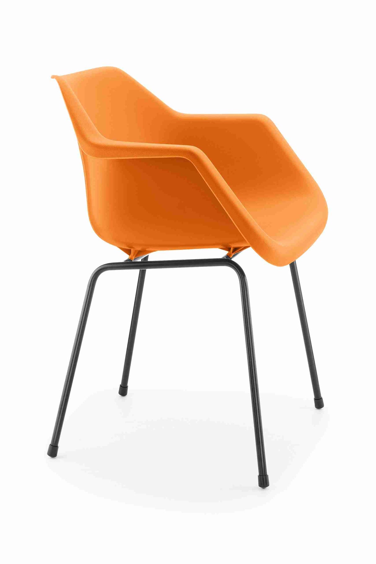 Hille Polyside Armchair, polypropylene design, orange, with integrated arms, metal legs.