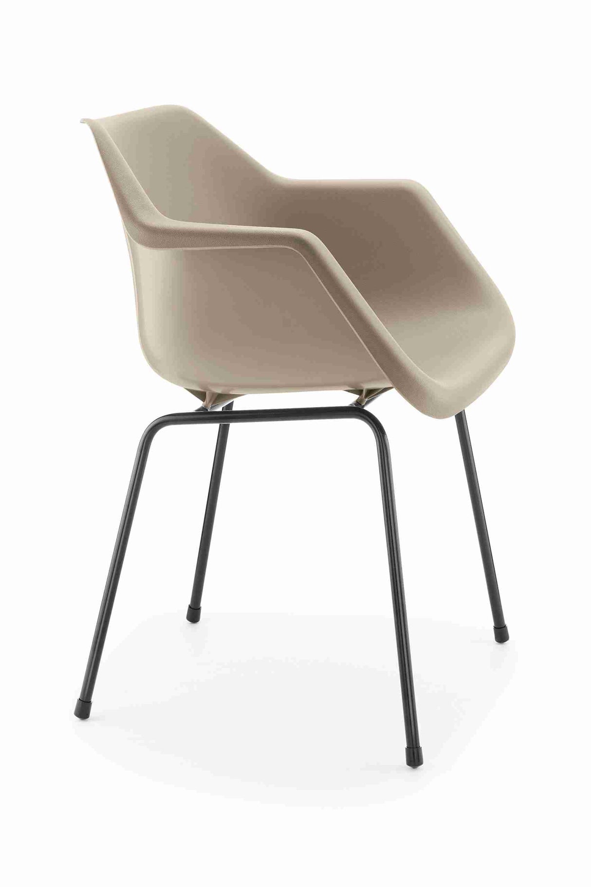 Hille Polyside Armchair with integrated arms, beige polypropylene seat, black metal legs.