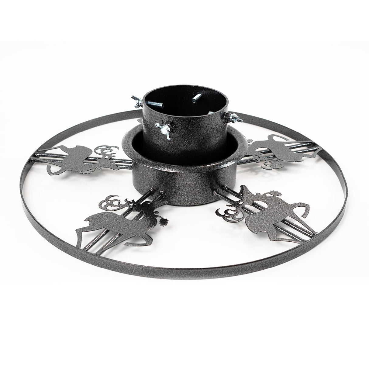 Decorative reindeer Christmas tree stand in durable grey steel with adjustable screws and water reservoir.