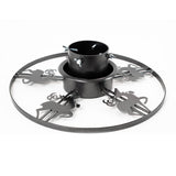 Decorative reindeer Christmas tree stand in durable grey steel with adjustable screws and water reservoir.