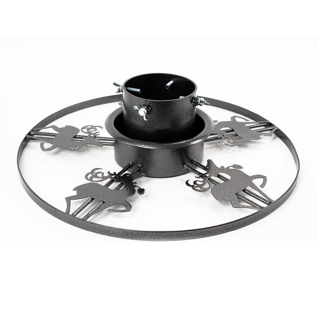 Decorative reindeer Christmas tree stand in durable grey steel with adjustable screws and water reservoir.