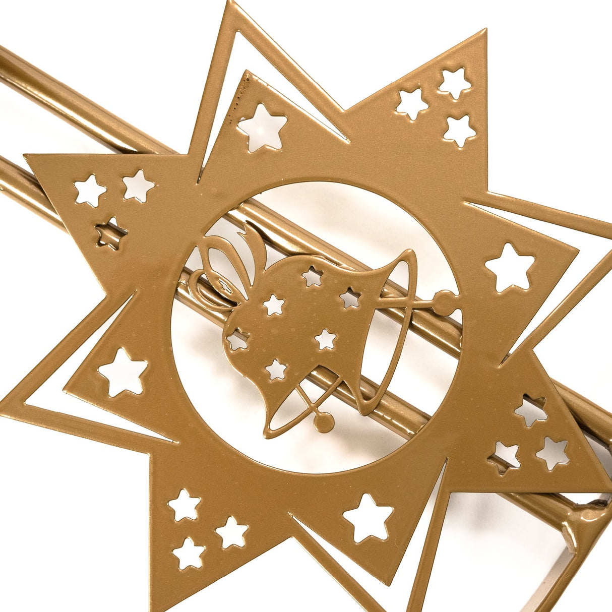 Decorative star pattern on a durable gold steel Christmas tree stand.